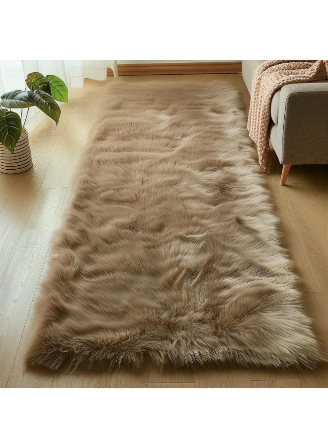 Khaki Small Rectangle Rug, 60*180CM Faux Sheepskin Fur Circle Rug for Living Room Bedside Fluffy Shag Rugs Cute Room Décor (Y2554) - Image 1